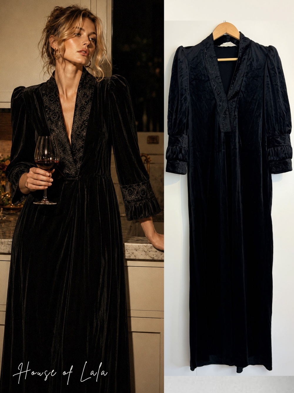 Vintage Black Velvet Juliet Sleeve Lounge Robe | Romantic Gothic Glam Maxi